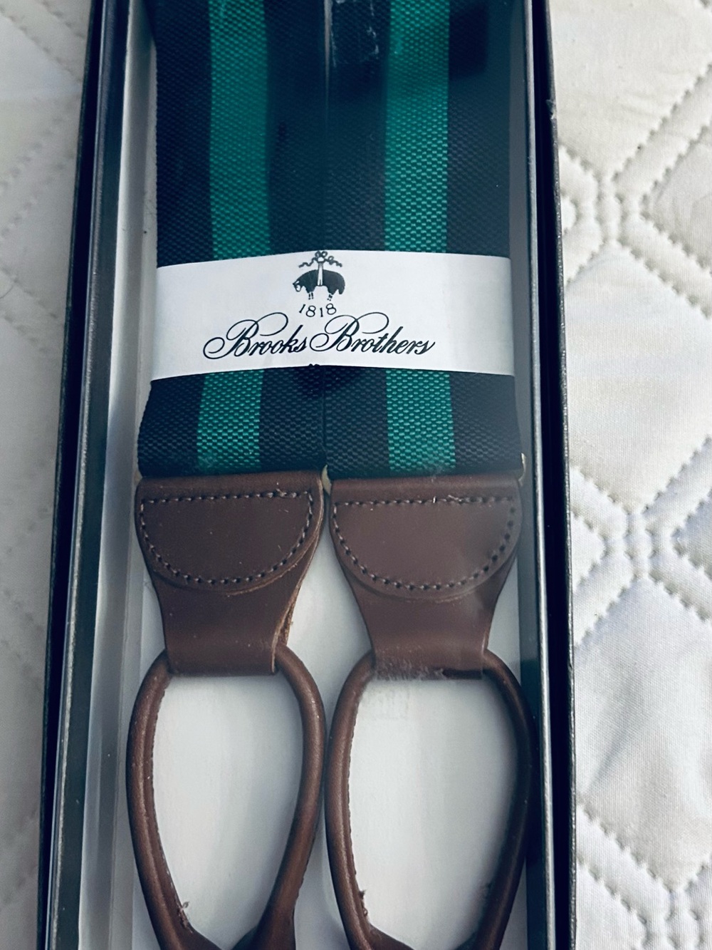 Brooks Brothers Green and Navy Blue Striped Suspenders New in box
